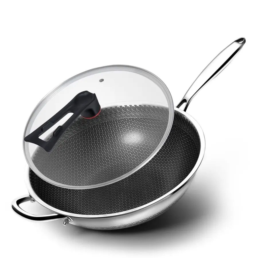 

Honeycomb Stainless Steel Wok Pan with Lid, 12.6 Inch Hybrid Nonstick Stir Fry Pan Flat Bottom, PFOAFree, Induction Compatible,