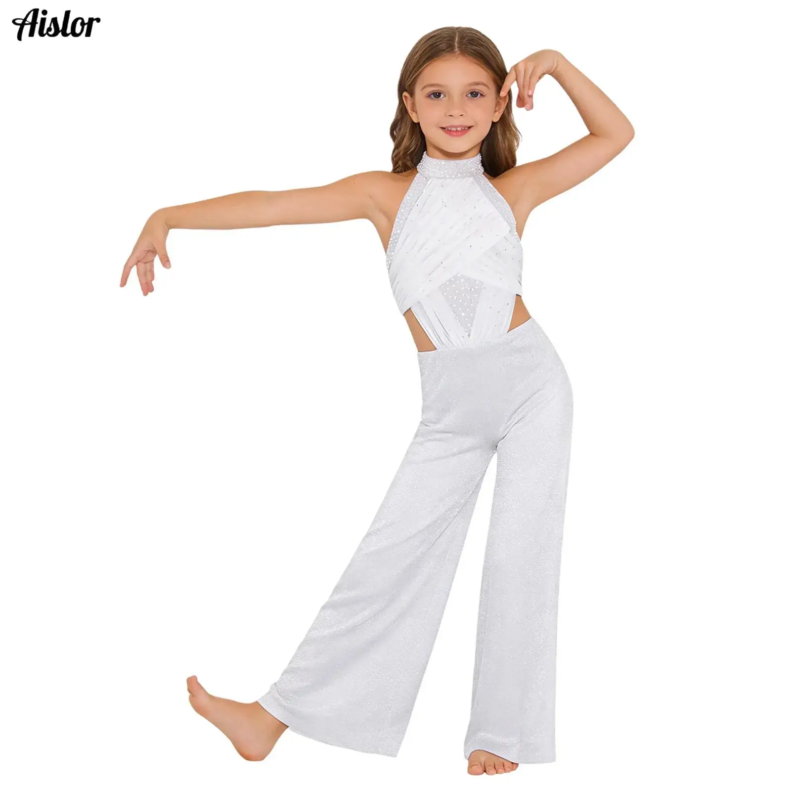 

Kids Girls Lyrical Jazz Dance Jumpsuit Sleeveless Shiny Rhinestones Shimmery Mesh Split Wide-Leg Bodysuit for Ballroom Dance