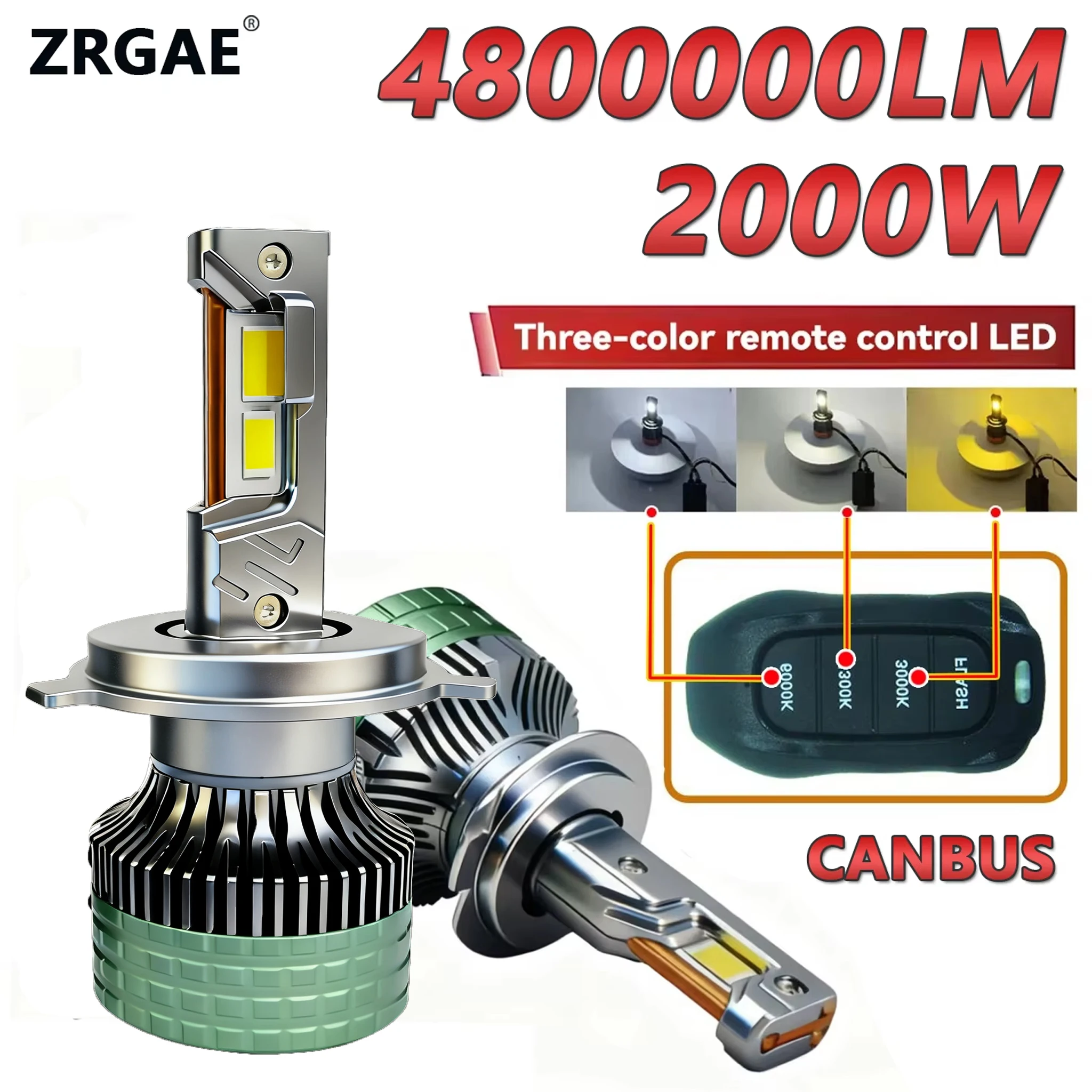 

2000W H11 H7 H4 LED Headlights with H1 HB3 HB4 9005 9006 Hir2 9012 6000K 4300K 3000K with Three Color Remote For Car Headlight