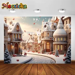 Christmas Photo Background Fairytale Town Snow Brick Road Xmas Trees Decor Backdrop Kids Adult Portrait Photography Studio Props