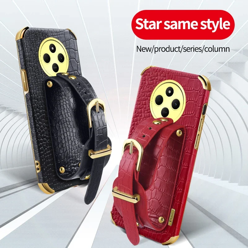 

Wristband Wrist Strap Crocodile PU Leather Soft Phone Case For Poco C50 C55 C65 C75 C51 Anti-Drop Stand Cover Silicone Cases