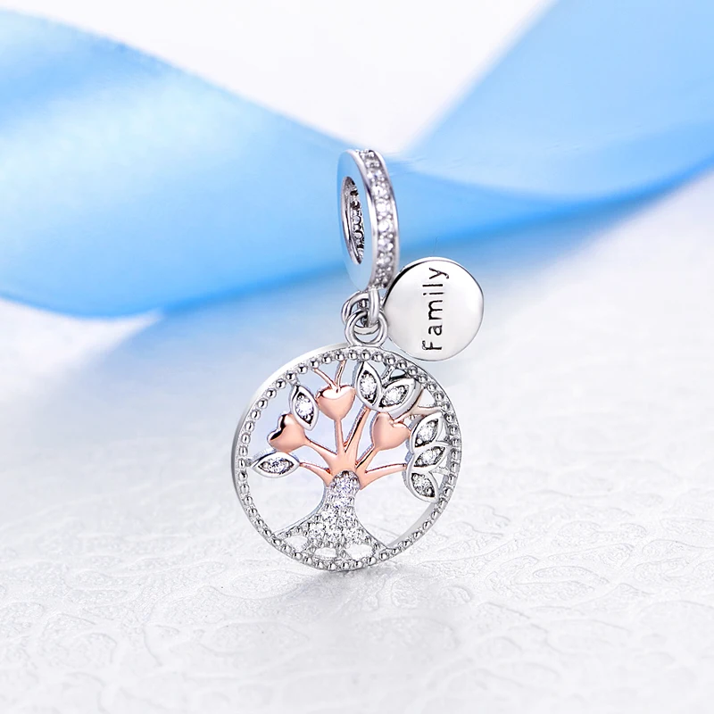 Original 925 Sterling Silver Charm Bead Family Tree Mom Pendant Safety Chain Charms Rose Gold Fit Pandora Bracelets DIY Jewelry