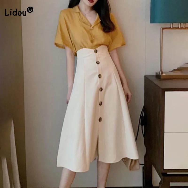 

Ladies Vintage OL Style Slim A-Line Midi Skirts Summer Korean Buttons Spliced Fashion All-match High Waist Skirt Female Clothing