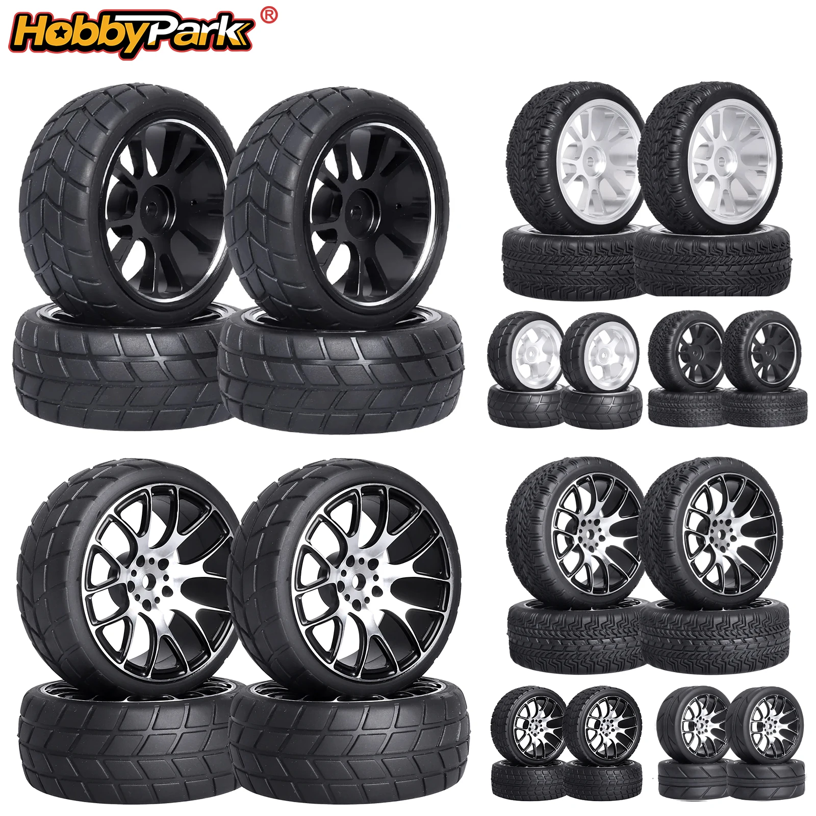 

HobbyPark PreGlued 1/10 On Road Tires and Wheels Aluminum Wheels 12mm Hex RC Car Tires and Wheels for Touring Cars Tamiya TT01 T
