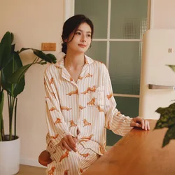 INS Style Cute Dachshund Dog Print Pajama Set for Women Soft Viscose Striped Sleepwear Long Sleeve Button Down Loungewear