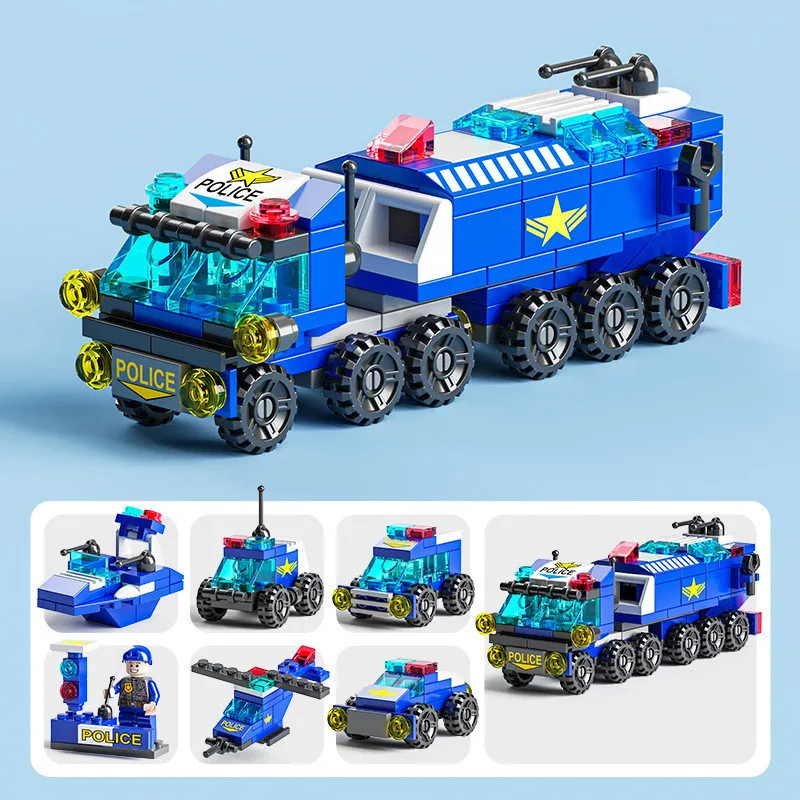 6IN1 Building Blocks City Fire Car Police Truck Engineering Crane Tank Helicopter Bricks Set Educational Toys for Children Kids