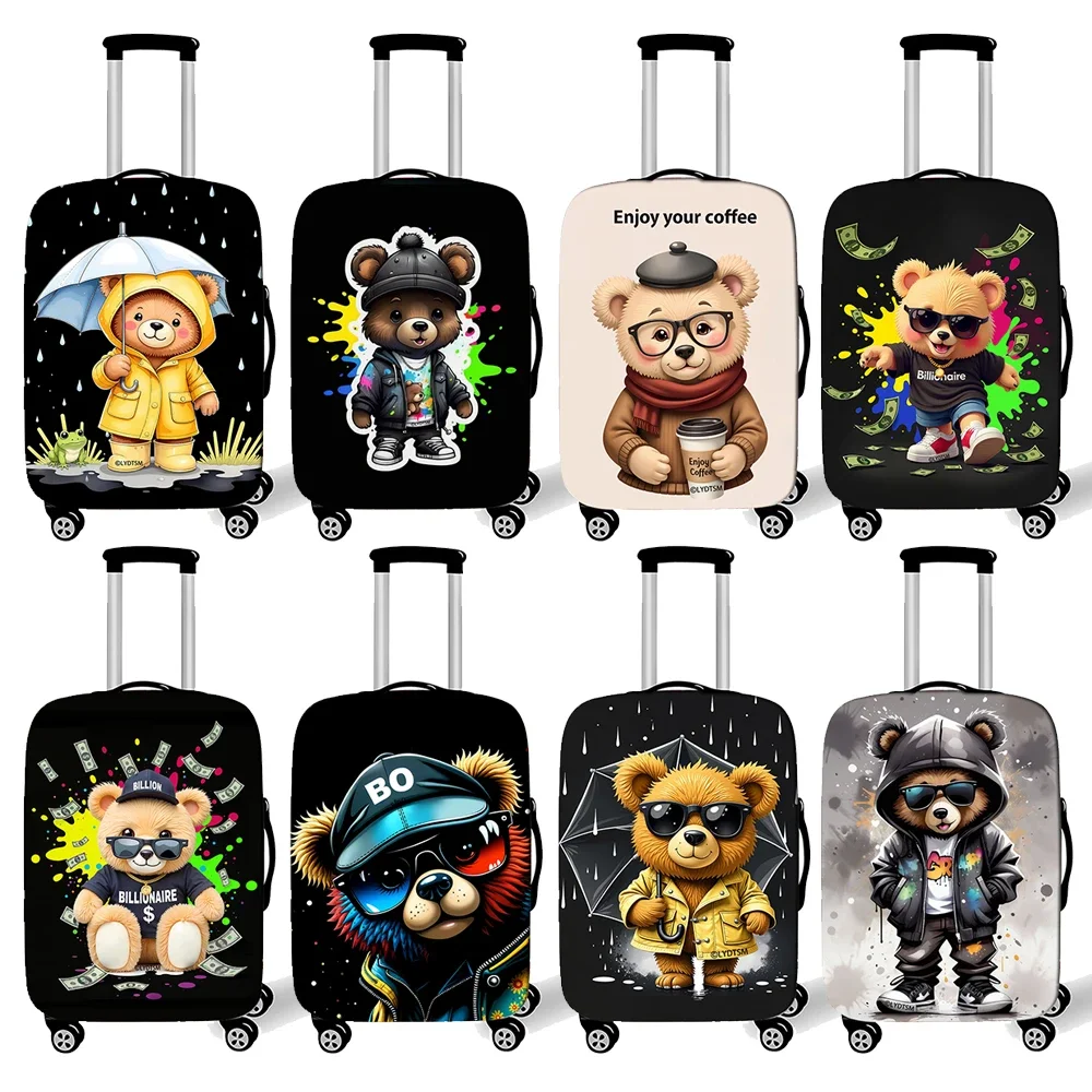

Watercolor bear paintings for travel, cartoon animals wearing raincoats, and suitcase covers with wheels