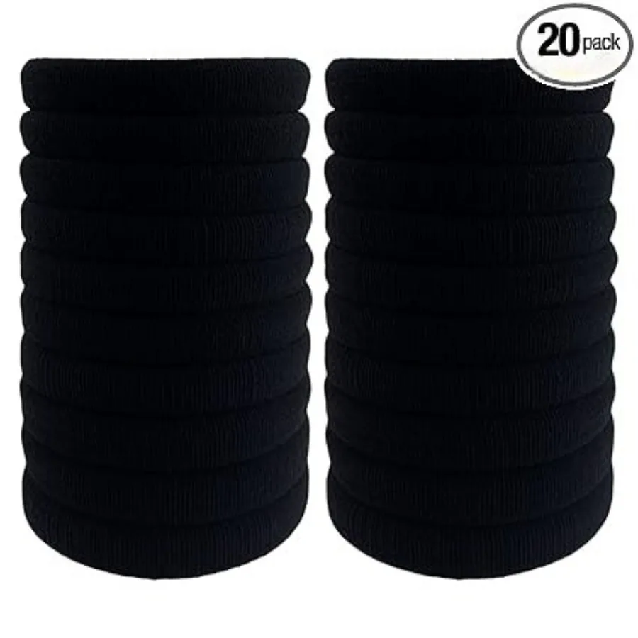 Thick Hair Ties, 20 Pieces Seamless Ponytail Holders Scrunchies Women Cotton Stretch Hair Elastics for Thick Heavy or Curly Hair (Upgrade Black)
