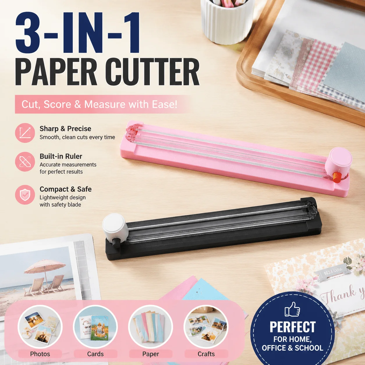 Taglierina per Carta 3-in-1 con Righello Integrato, Strumento di Precisione per Taglio e Piegatura per Foto, Cartoline, Scrapbooking e Forniture di Cancelleria