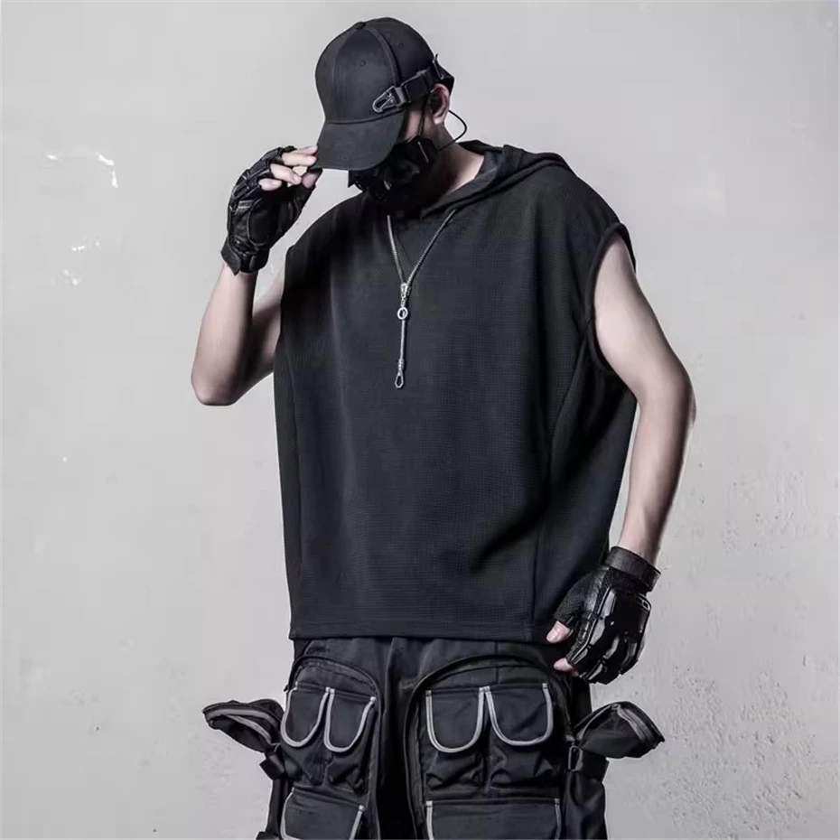 Tactical Hooded Tank Tops Men Streetwear Hip Hop Punk Irregular Tees Tops Oversized Harajuku Function Sleeveless T-shirts Male