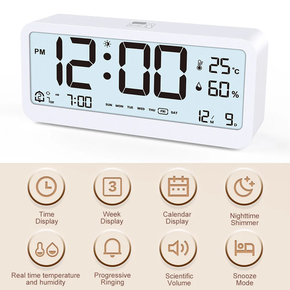 LCD Smart Alarm Clock Digital Display Electronic Alarm Clock Temperature Humidity Calendar Display Desktop Clock for Bedroom