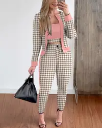 Three Piece Set Women Outfit Spring Fashion Plaid Print Contrast Paneled Open Front Long Sleeve Coat & Elegant Skinny Pants Set