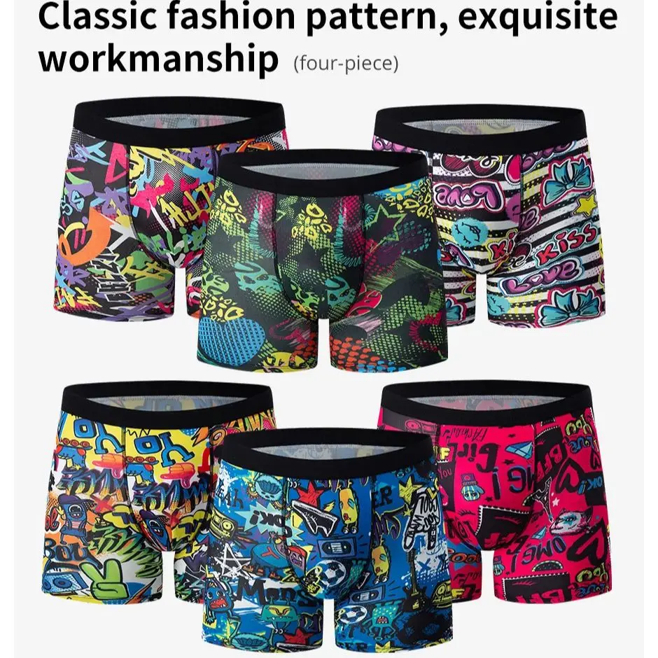 6 قطع الرجال الموضة الكتابة على الجدران المطبوعة طويلة بويشورت الملابس الداخلية مريحة وتنفس المراهقين حجم كبير جوكر شورتات للبحر #2
