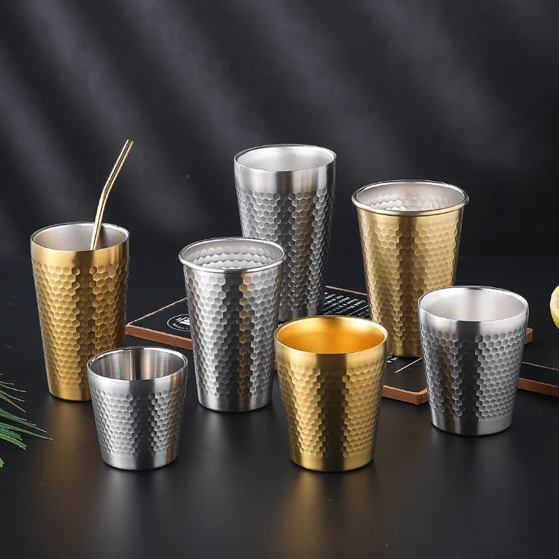 Double Wall Stainless Steel Large Beer Tea Mug Hammer Texture Cold Water Drinks Coffee Cup Cocktail Cups Kitchen Home Drinkware