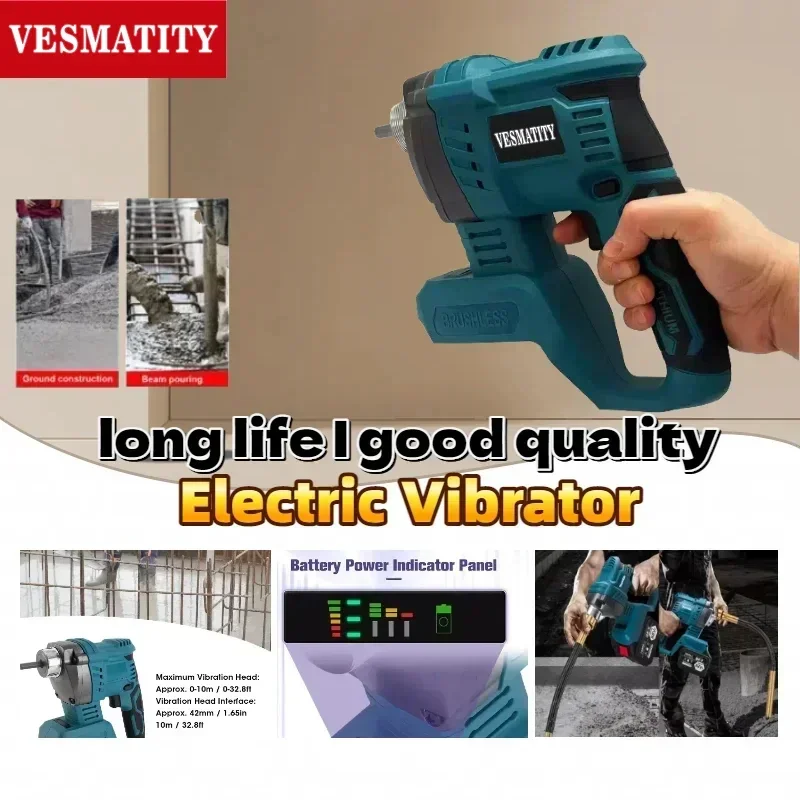 VESMATITY Cordless Concrete Vibrator Compactor Tool High Power Brushless Motor Heavy Duty for Construction for 20V Battery