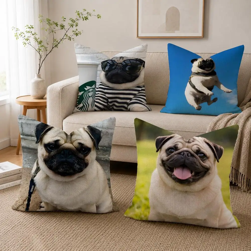 Capa de almofada para cachorro pug, capa de almofada impressa dupla face em linho, capa de almofada para sofá, decoração nórdica para casa