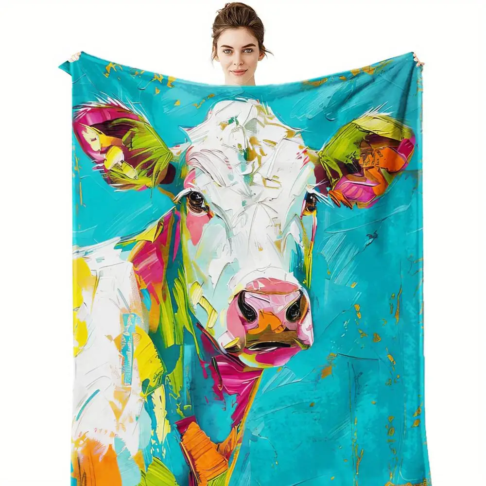 1pc Keepdo Plush Cow Print Bedspread - Turquoise Blue Pink Brown Green Yellow Cow Pattern, Soft Cozy Fluffy Bedspread, All-Seaso
