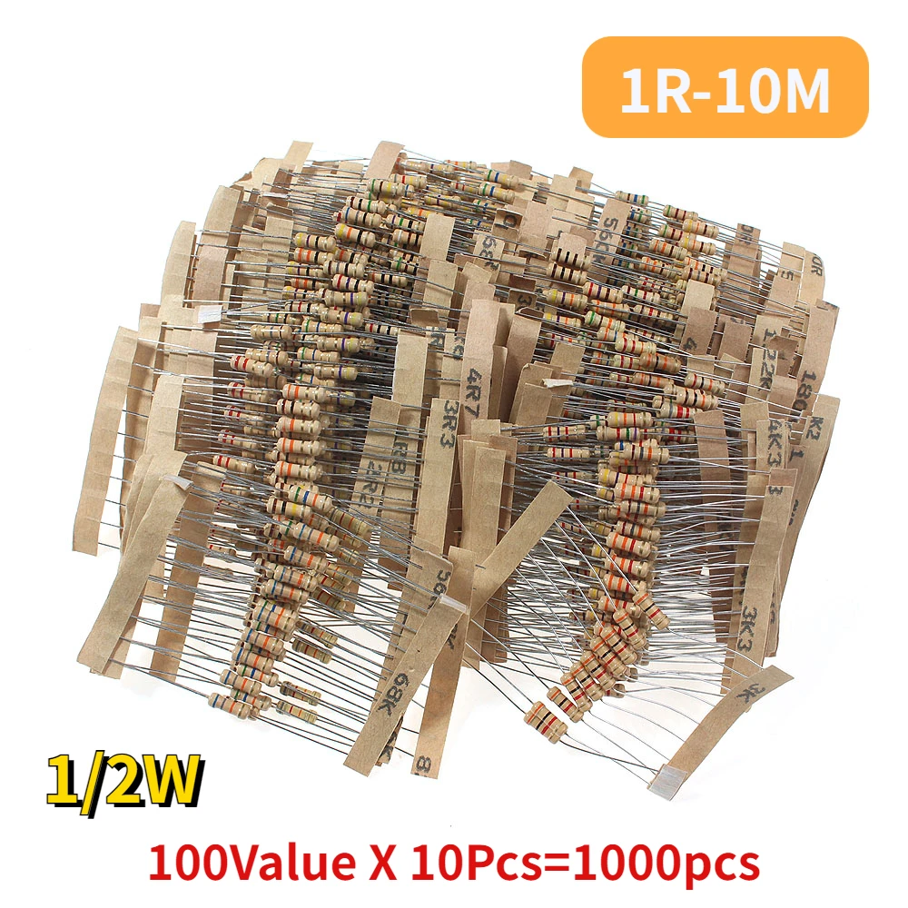 

1000PCS 5% Resistance 1/2W Carbon Film Resistor Assortment Kit 1 Ohm-10M Ohm 100Value X 10Pcs Color Ring Resistors Set