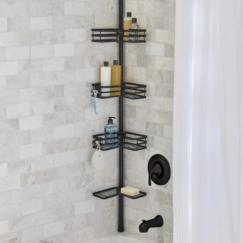 Better Homes & Gardens Tension Pole Shower Caddy, 3 Tier Corner Caddy, Resists Rust, 5 - 9 ft, Black