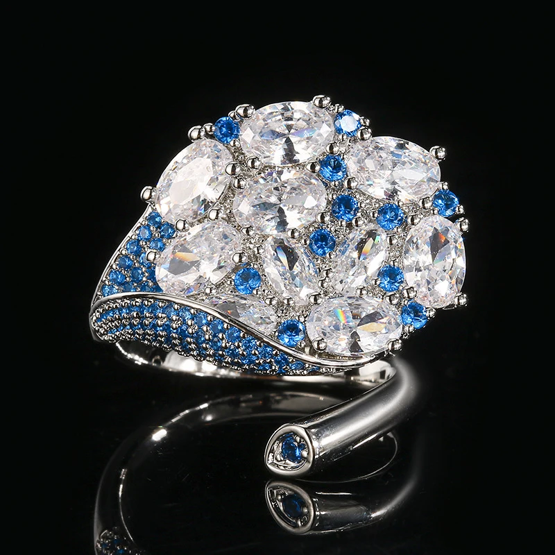

Gold-plated copper high-end fashion full-diamond sea blue ruby inlaid with zircon open ring for women, light luxury colored jewe