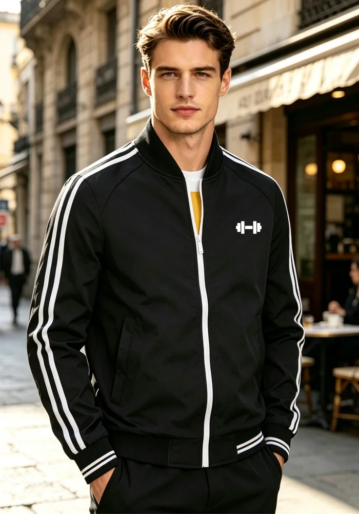 New Men Black Athletic Jacket With  White Side Stripe Zipper Up Fleece Lined Sportswear Male Gym Training Winter Street Outfit