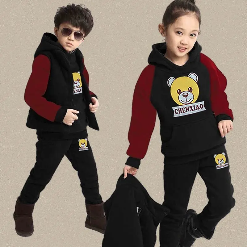 3pcs/set 2026 Winter Boys Tracksuit Autumn Teenager Clothes BEAR Vest Velvet Jacket + Hooded + Pant Children 4 8 9 10 11 12 Year