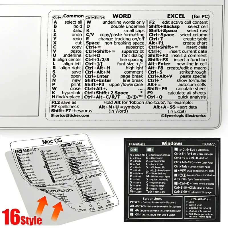 Computer Reference Keyboard Shortcut Sticker 16 Style for PC Laptop Reference Keyboard Shortcut Sticker for Apple Mac Photoshop
