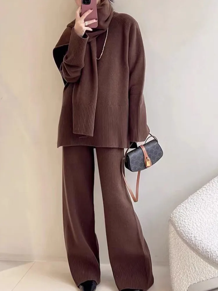 [EWQ] Minimalist Style Long Sleeve Sweater With Scarf And High Waist Trousers Casual Women 3 Piece Set 2024 Winter New 16O3440