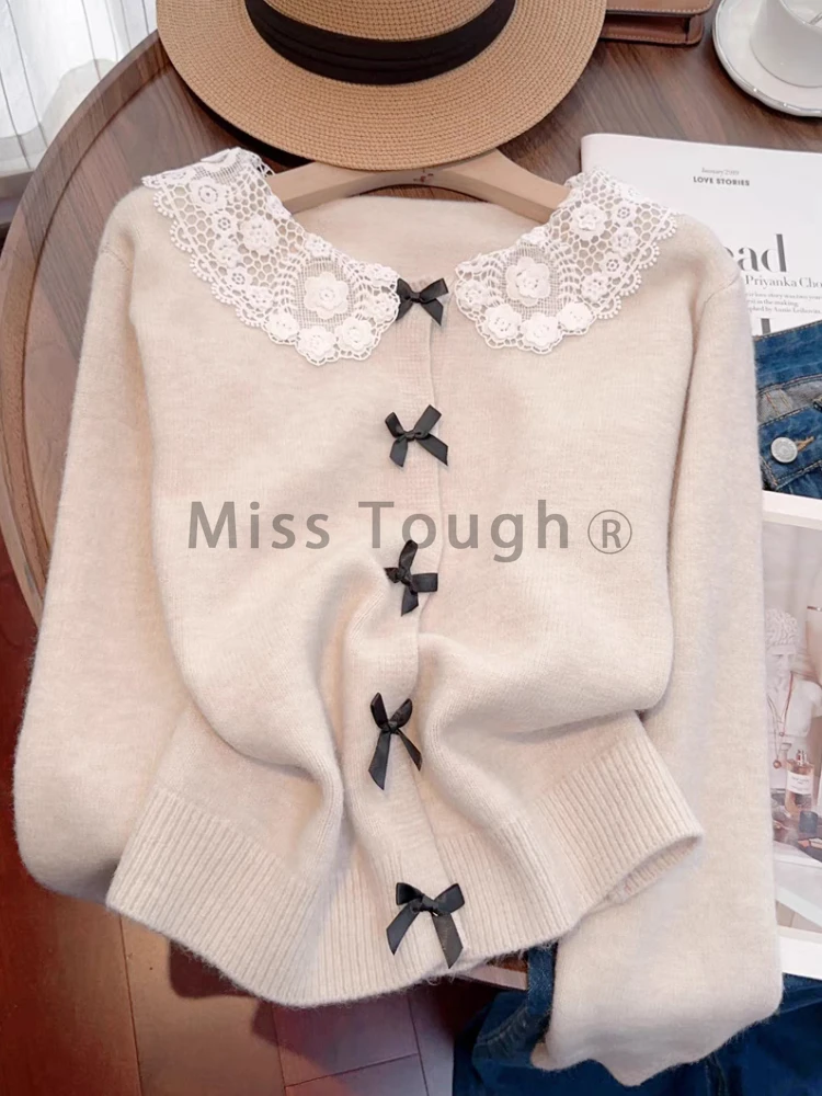 Autumn Sweet Pretty Coat Women Chic Design Long Sleeve Lace Doll Collar Tops Female Korean Fashion Solid Knitting Cardigan New