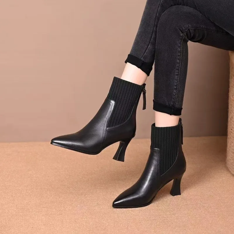 

Sharp pointed elastic boots for women in spring and autumn 2025, high heels, short socks, knitted slim heels, women's slim boots