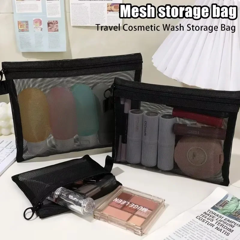 1/24Pcs Clear Mesh Cosmetic Bags Small Large Black Makeup Bags Portable Travel Toiletry Organizer Case Lipstick Storage Pouch