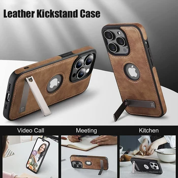Deri Kickstand telefon kılıfları iPhone 15 13 Pro Max 14 artı 12 11 mobil durumda darbeye esnek yumuşak kavrama lüks arka kapak