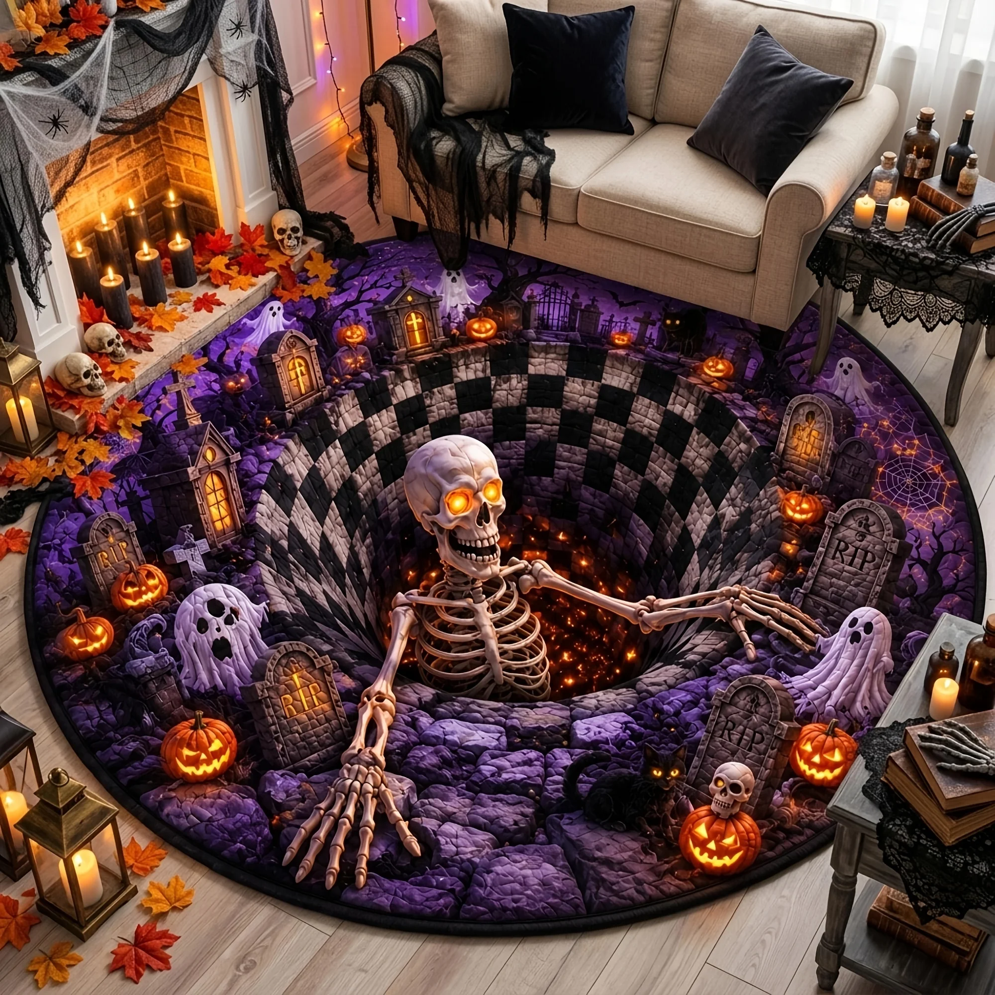 Round Halloween Rug Skeleton Pumpkin Ghost Graveyard Print Home Furnishing for Spooky Holiday Interior Scene Styling Solution