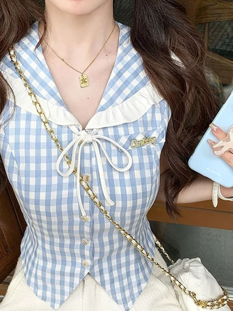 

Sweet Style Summer Shirt Navy Collar Plaid Women's Top Short Length Sleeveless UV Protection Thin Fabric Fashionable Design