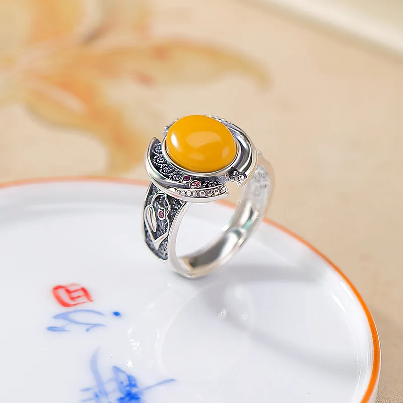 

Amber S925 Sterling Silver Cabochon Filigree Pattern Design Ring Versatile Style