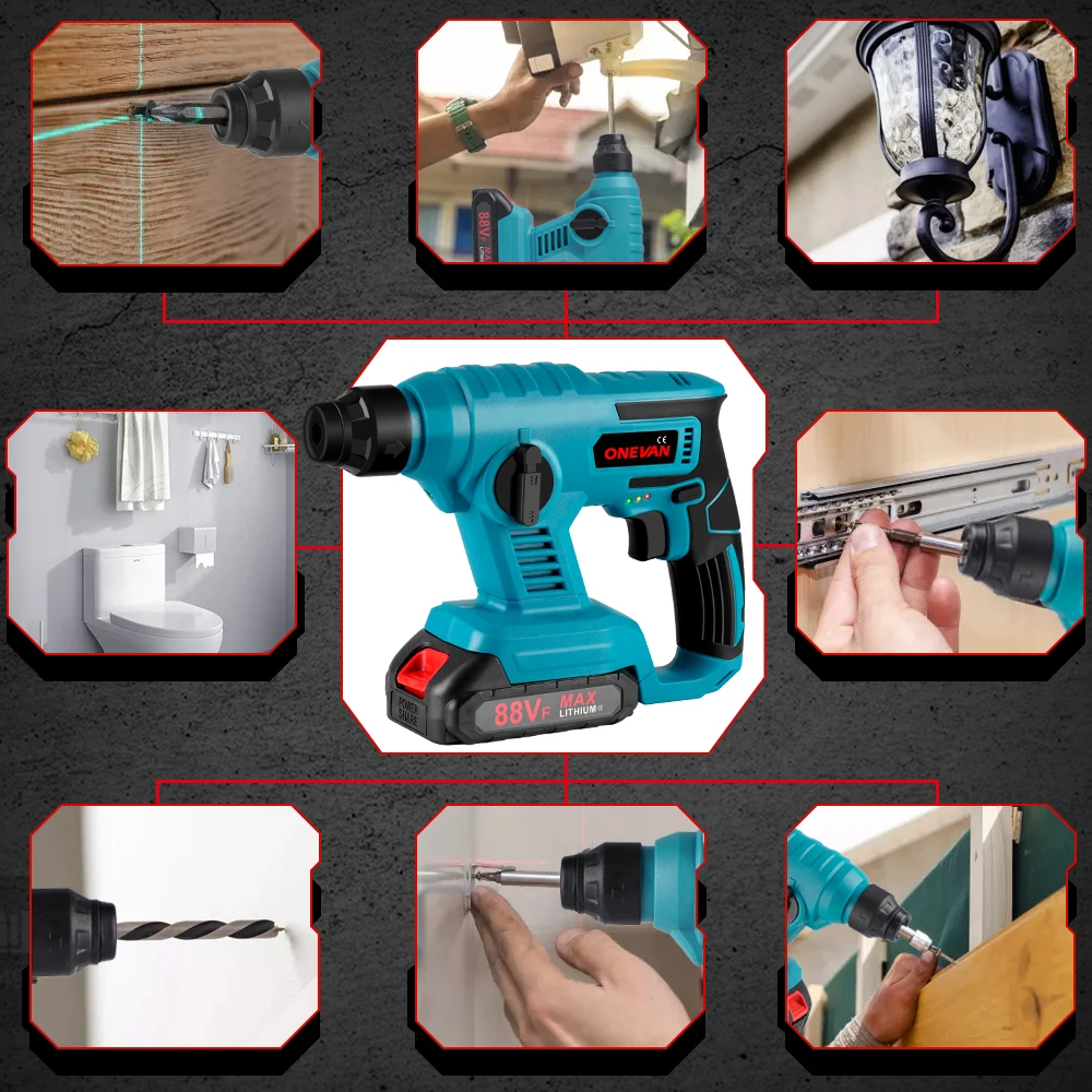 ONEVAN 1000W 3600RPM Elektrische Bohrhammer Wiederaufladbare Elektrische Hammer Schlagbohrmaschine Holzbearbeitung Werkzeuge Für Makita Batterie Pin – Detail 5