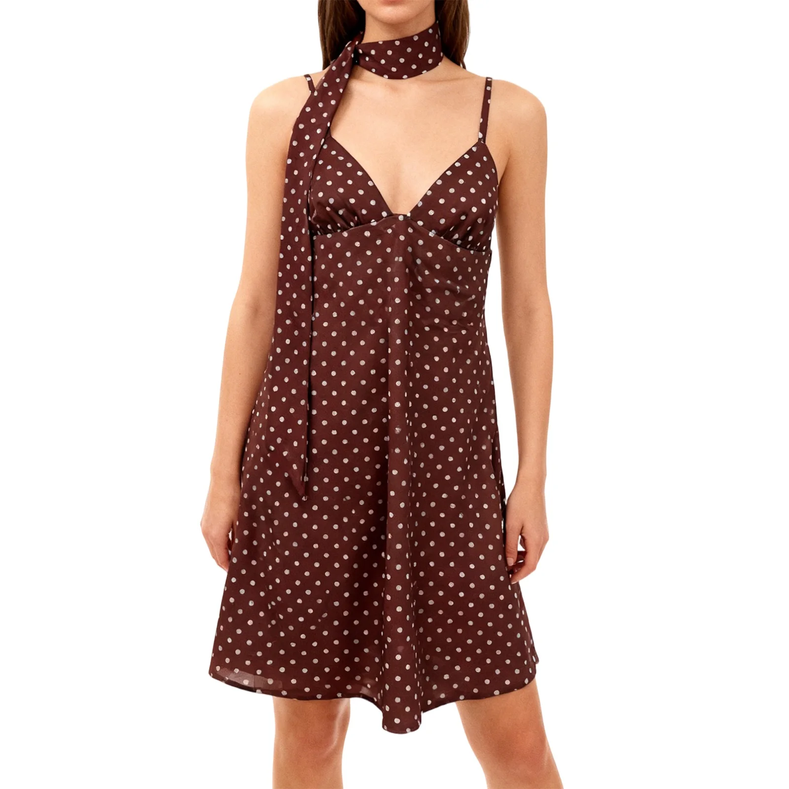Mini robe cami pour femmes, ligne A, élégante, imprimé à pois, dos nu, col en V, bretelles spaghetti, avec écharpe
