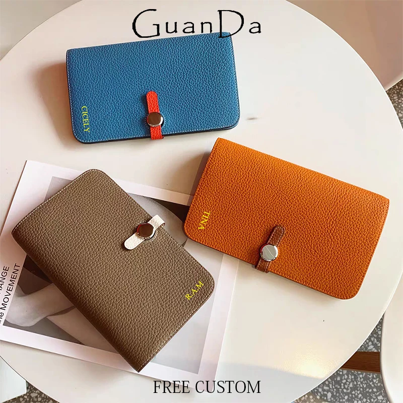 100% prawdziwa skóra Kobieta Długi portfel Luksusowa marka Niestandardowa nazwa Skóra bydlęca Etui na karty Moda Lady Zip Coin Purse Slim Pouch Gift