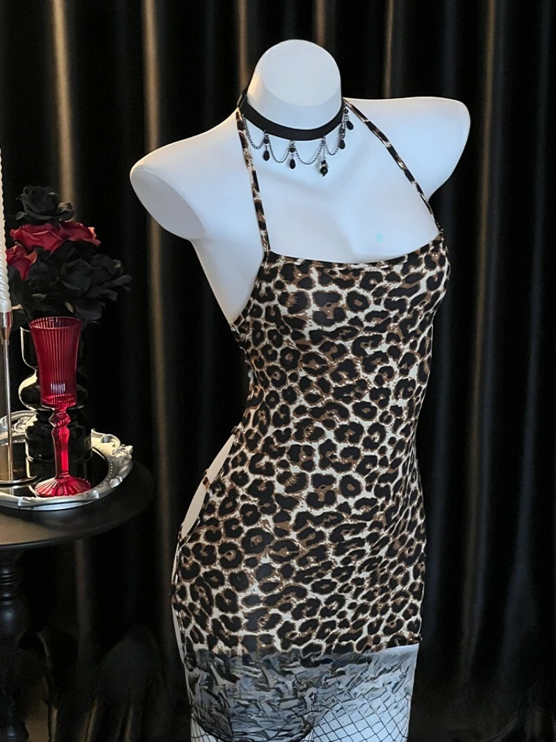 

Leopard Print Seductive Spaghetti-Strap Dress,Sexy Slimming Waist-Cinching Backless Nightgown,Pure Desire Style Pajamas Women