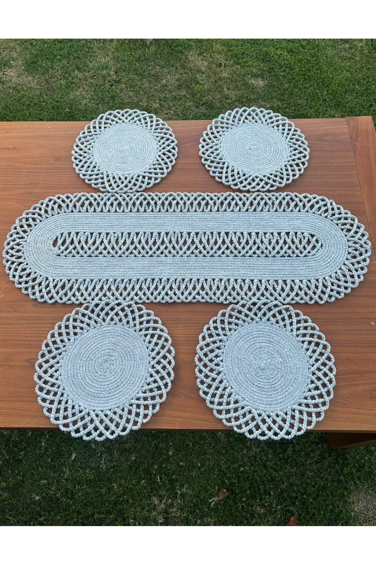Bohemian Style Fiber Woven Placemat and Runner Set for 4 - Round 13 in Placemats & 39x14 in Runner - Easy to Wipe
