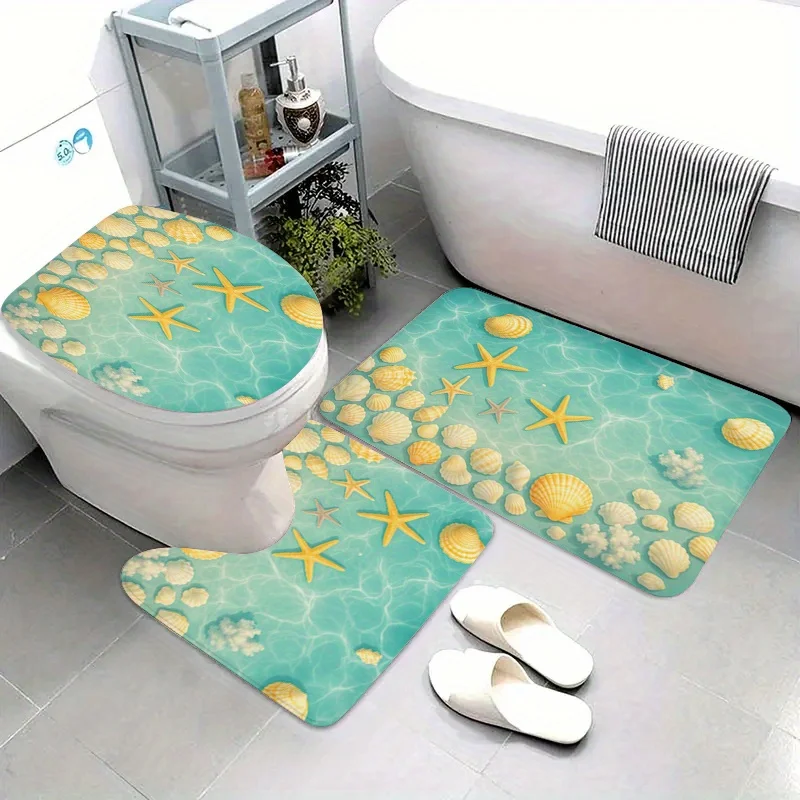 Starfish Shell Bath Set Three Piece Mat Toilet Lid Cover and U Shaped Rug Soft Flannel Non Slip for Beach Style Bathroom Decor
