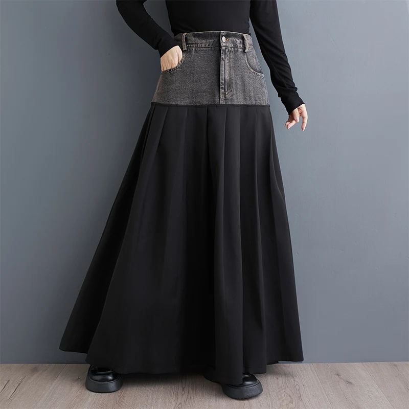 #3044 High Waisted Split Joint Denim Pleated Skirt Women Loose Korean Style Long A-line Skirt Ladies Side Pockets Streetwear