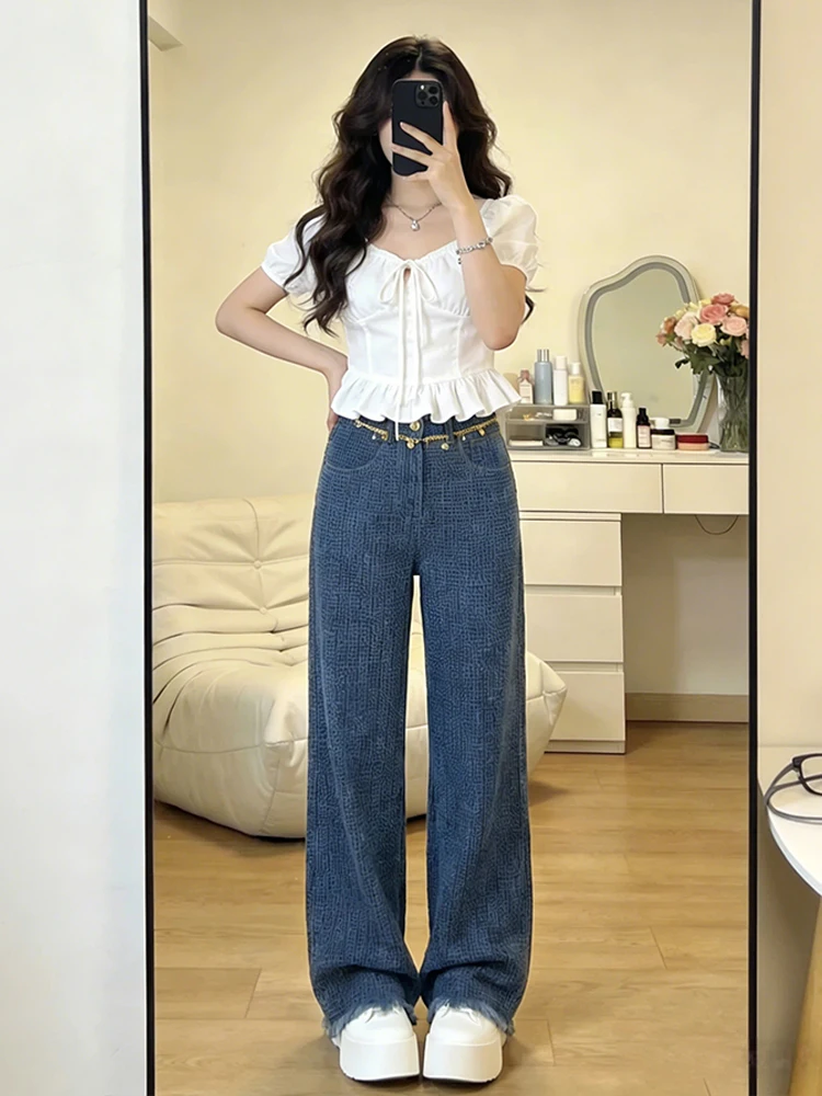 

Spring New Blue High Street Design Casual Wide Leg Pants Korean Loose Ele Slimming Straight Cut Jeans for Women