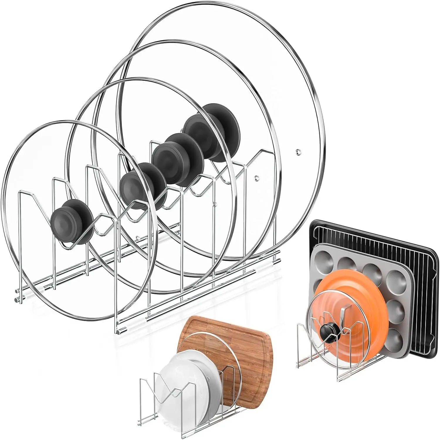 

3-упаковка органайзера для крышек для шкафа, подставка для крышек для кастрюль из нержавеющей стали с противоскользящей подушечкой, держатель для крышек для сковородок, кастрюль, формы для выпечки, тарелки