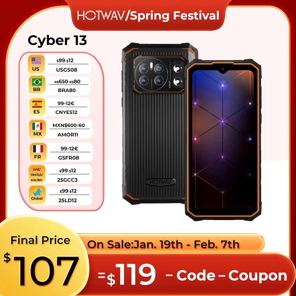 

2024 Hotwav Cyber 13 Smartphone Android 14 8GB+128GB 10800mAh Smartphone 16MP+64MP Camera Camping Light 6.6" HD NFC Cellphones