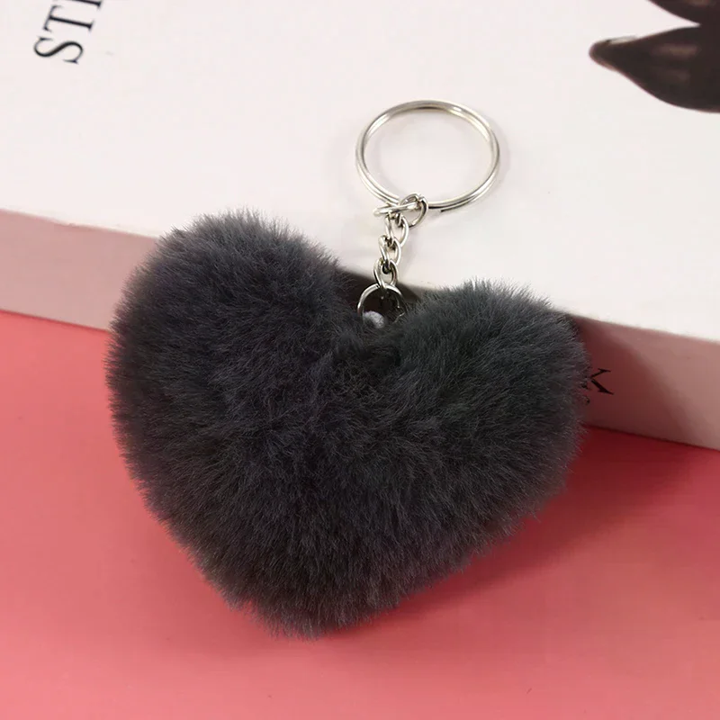 

New 8CM Fluffy pompom Keychain Gifts for Women Soft Heart Shape Pompon Fake Rabbit Key Chain Ball Car Bag Accessories Key Ring