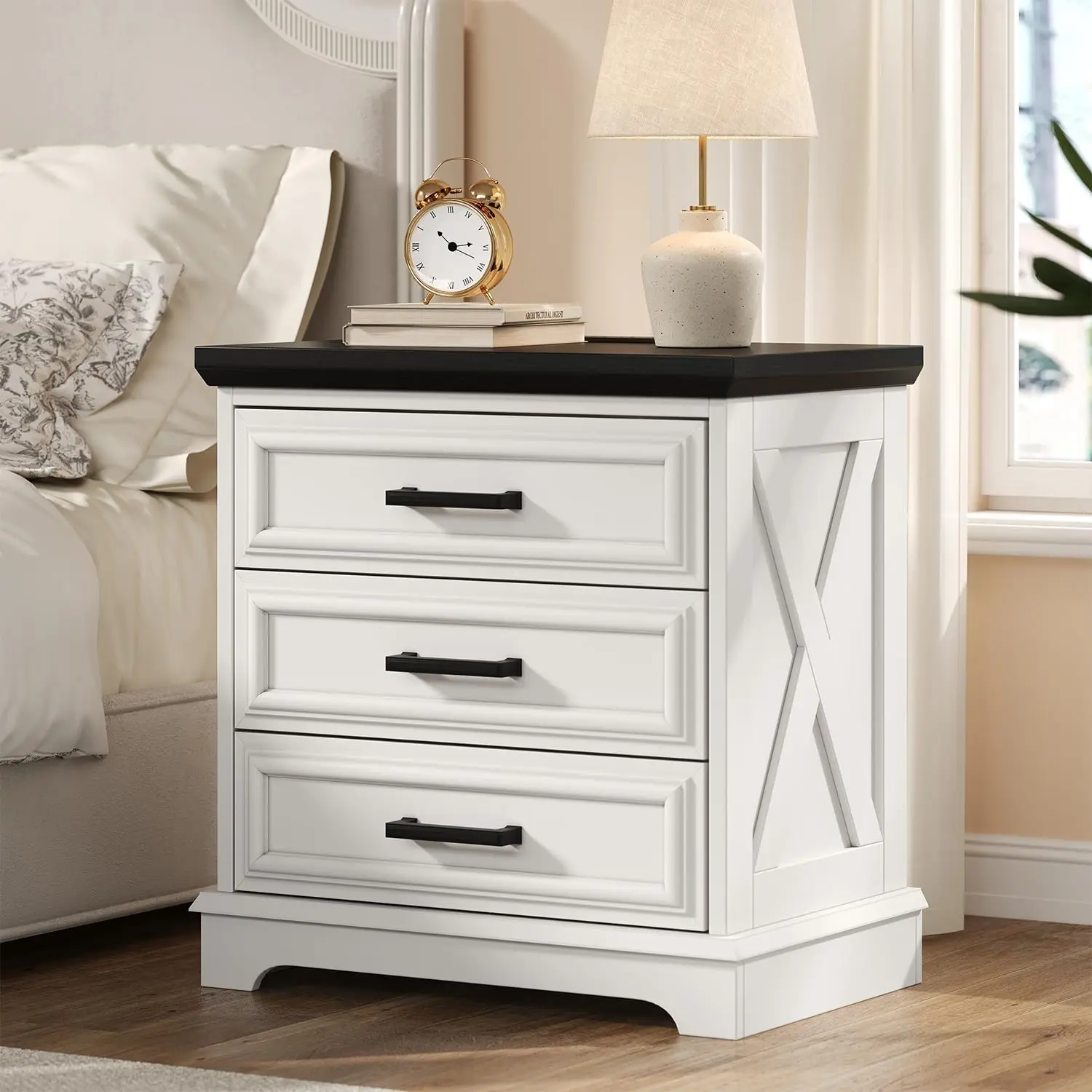 24 Inch Farmhouse Nightstand Set Of 2 With Charging Station & 3 Drawers, Rustic Wood End Table For Bedroom, Customized