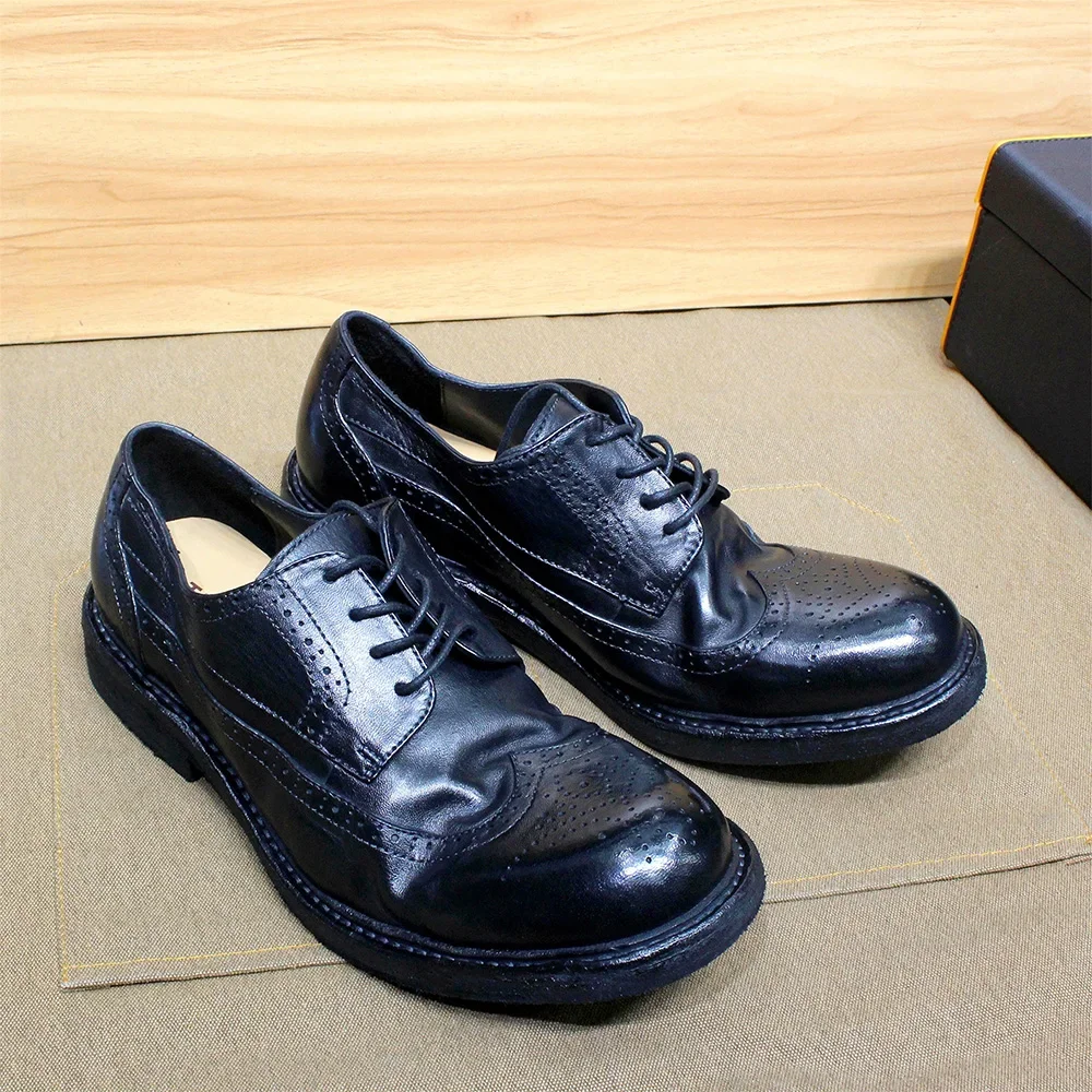 Goodyear Handmade Stitched Men\'s Derby Dress Shoes Soft Calfskin Genuine Leather Wingtip Brogue Comfortable Casual Footwear