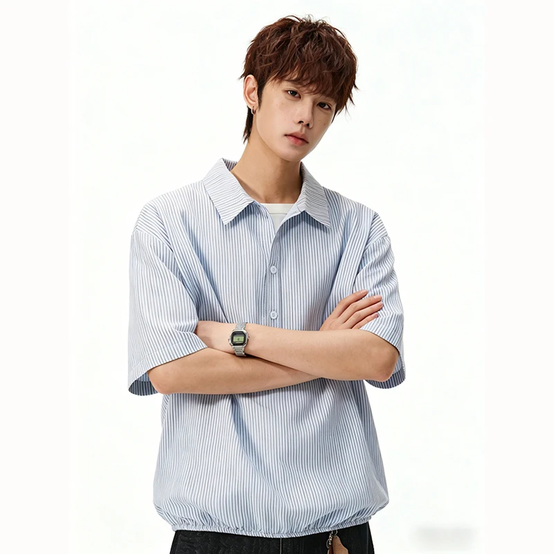 Summer Men's Vertical Stripes Short-Sleeved Casual Shirt with Collar and Casual T-Shirt in the Same