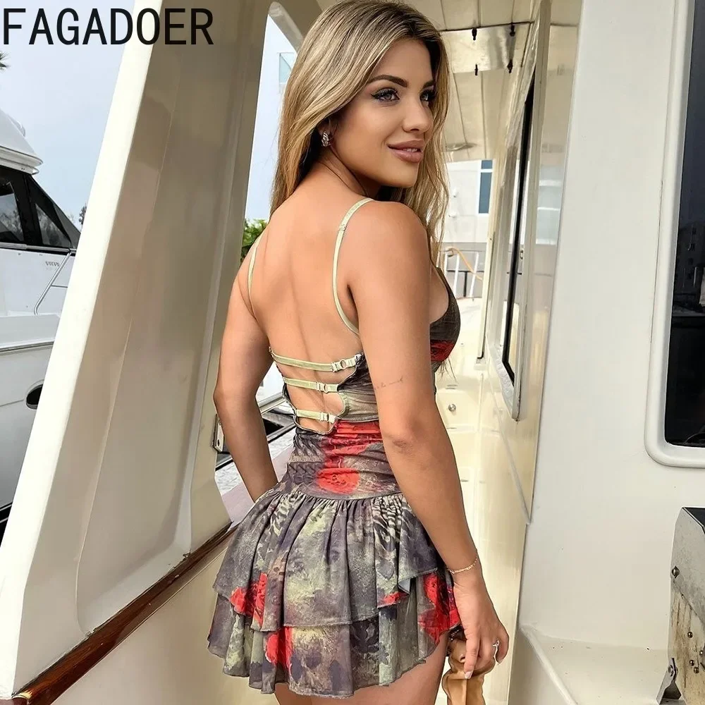 FAGADOER Y2K Sexy Flower Printing Bandage Hollow Ruffle Suspenders Mini Dresses 2024 Women Thin Strap Backless Pleated Vestidos